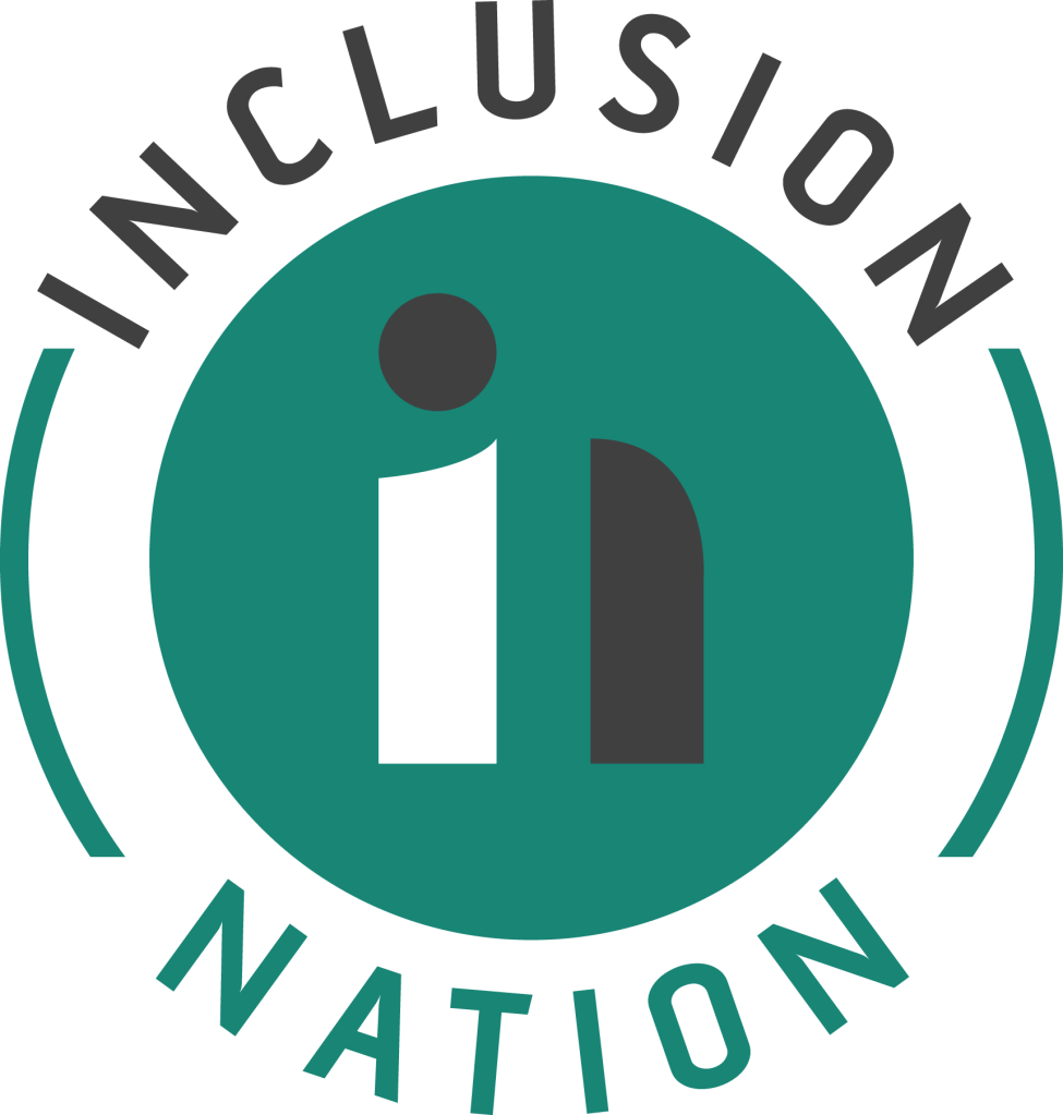 Inclusion Nation Logo.  It is circular with Inclusion Nation round the outside of the circle.  The main circle is greenish with a stylised i in white, and n in black, inside it.